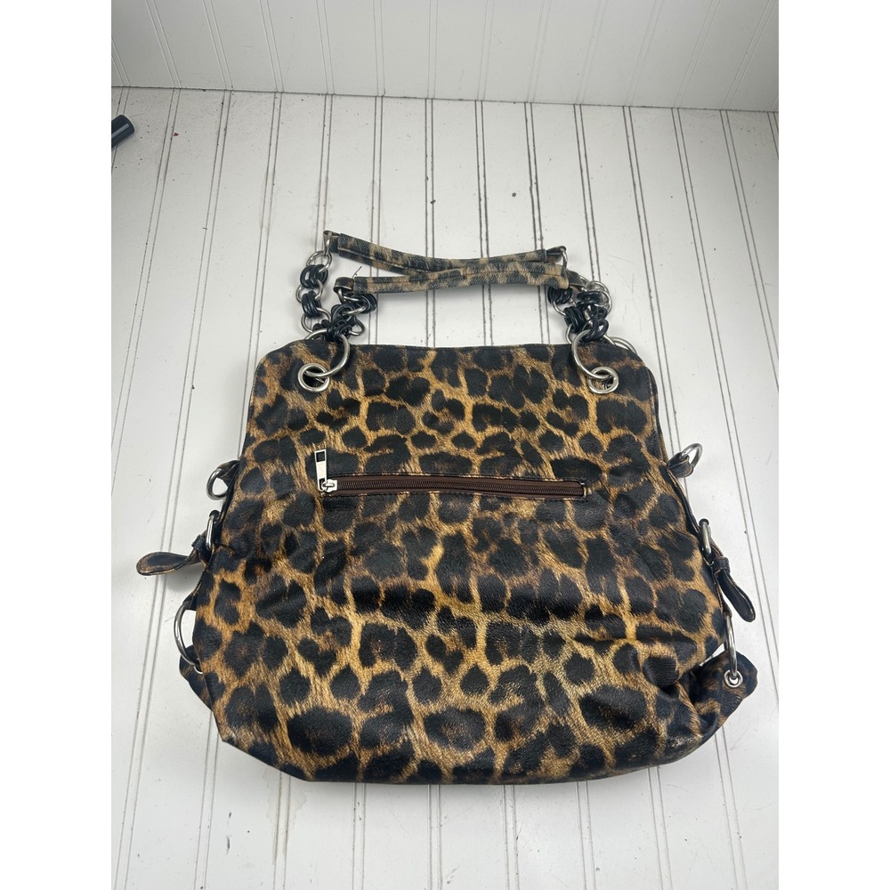 Leopard Print Slouchy Punk Grunge Edgy Vintage Y2K Chain Strap Shoulder Bag - Picture 7 of 13